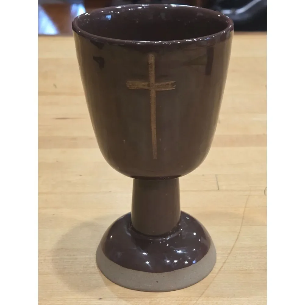 Vintage Studio Pottery Chalice Communion Goblet Christian Cross Brown Glaze 6.5